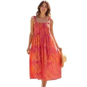Beachlunchlounge Orange & Pink Tropical Print Maxi Dress Tie Straps Size XL